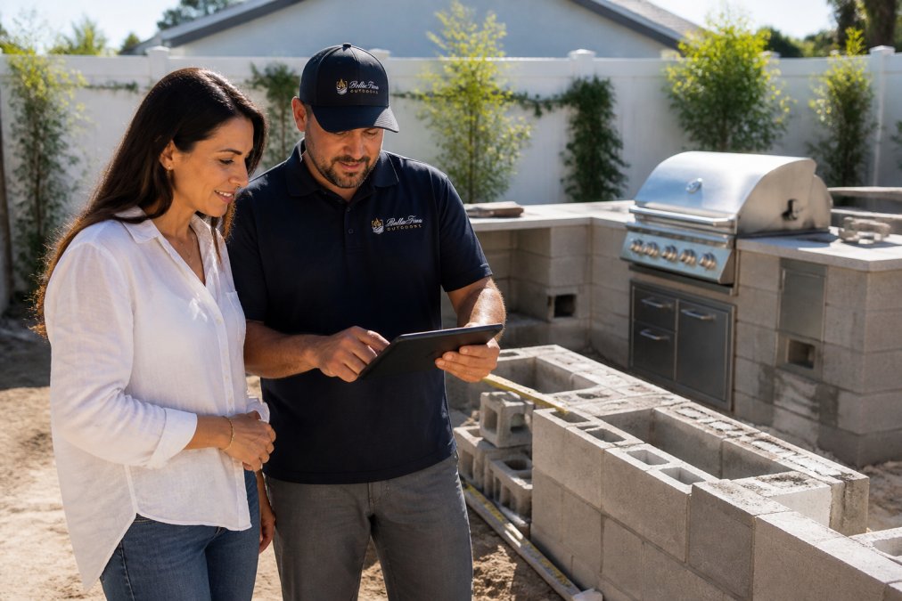 A homeowner and contractor reviewing outdoor kitchen plans on a tablet while standing in a partially constructed backyard patio space, with concrete block masonry work and a stainless steel grill station visible in the background under bright afternoon sunlight