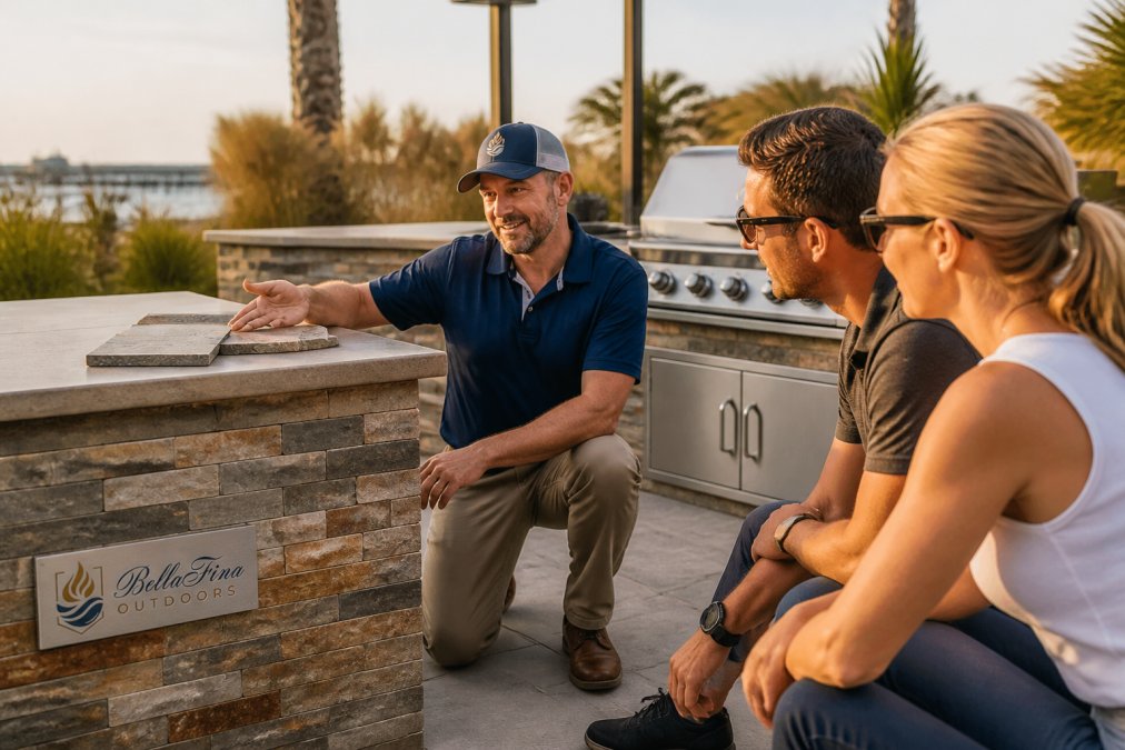 Close-up of natural stone ledgerstone veneer panels installed on an outdoor kitchen island, with a stainless steel grill built in and coastal landscaping with ornamental grasses visible in the soft-focus background under warm afternoon light