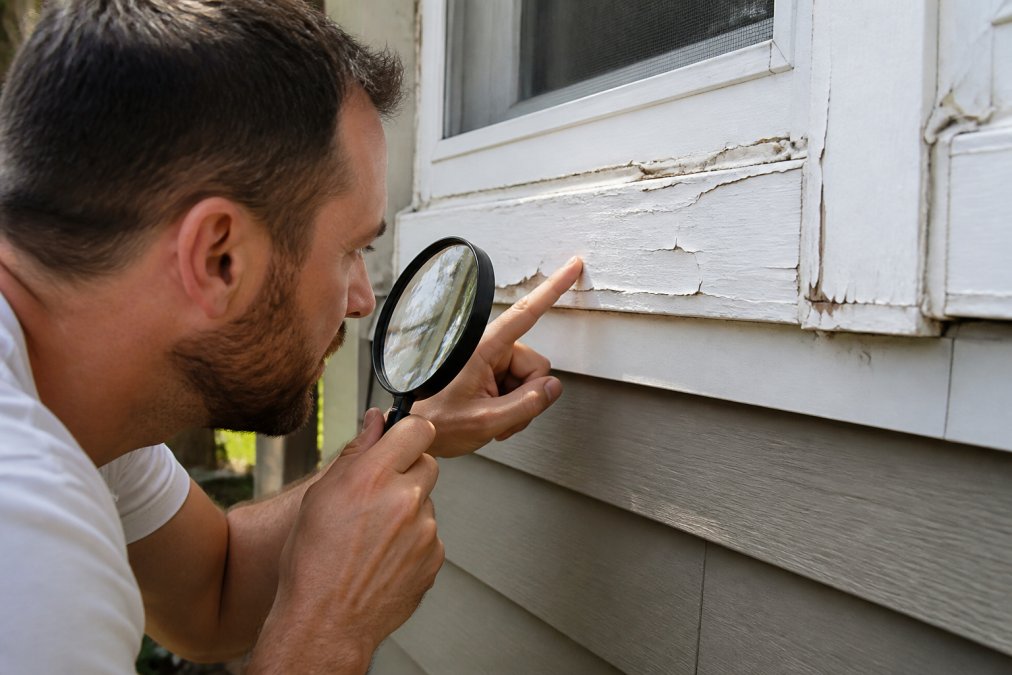 Professional painter closely inspecting weathered exterior trim with magnifying tools, identifying areas of paint failure, wood damage, and caulk deterioration in natural daylight