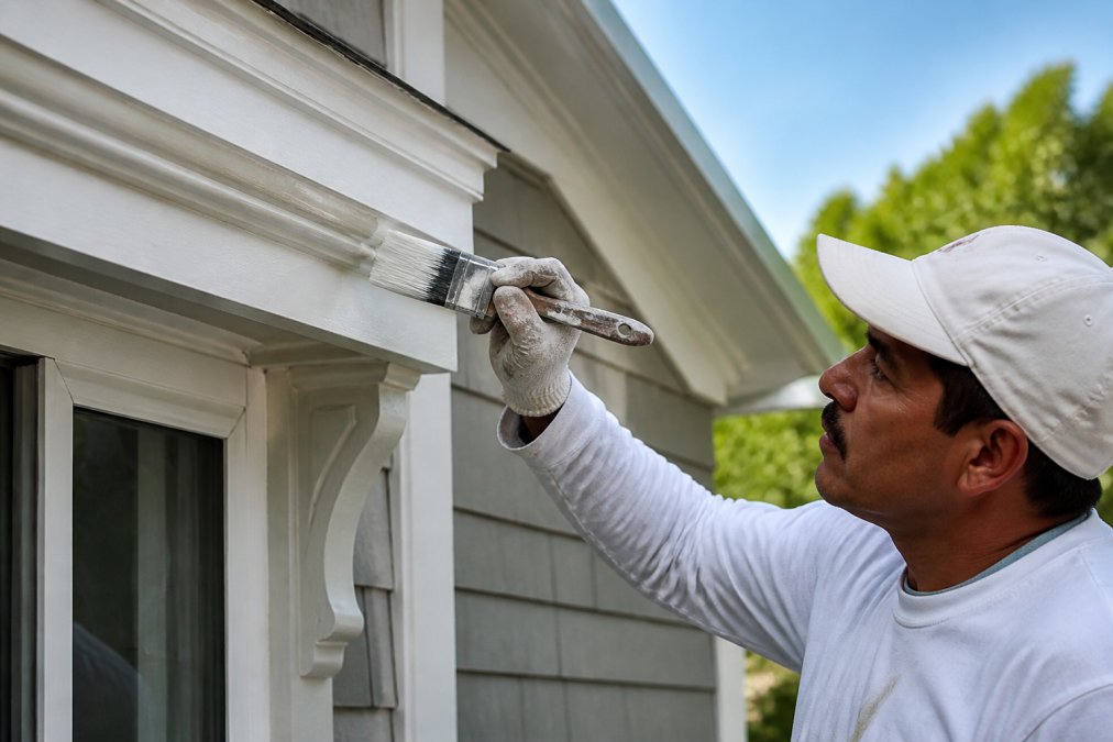 Professional painter carefully applying primer and paint to ornate exterior trim with precision brushwork, showing clean edges, proper technique, and attention to detail in natural daylight