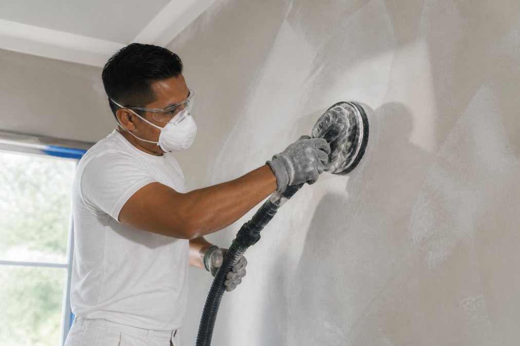 Professional painter in uniform carefully preparing a wall surface with sanding equipment, showing detailed surface preparation and meticulous attention to detail in a residential interior
