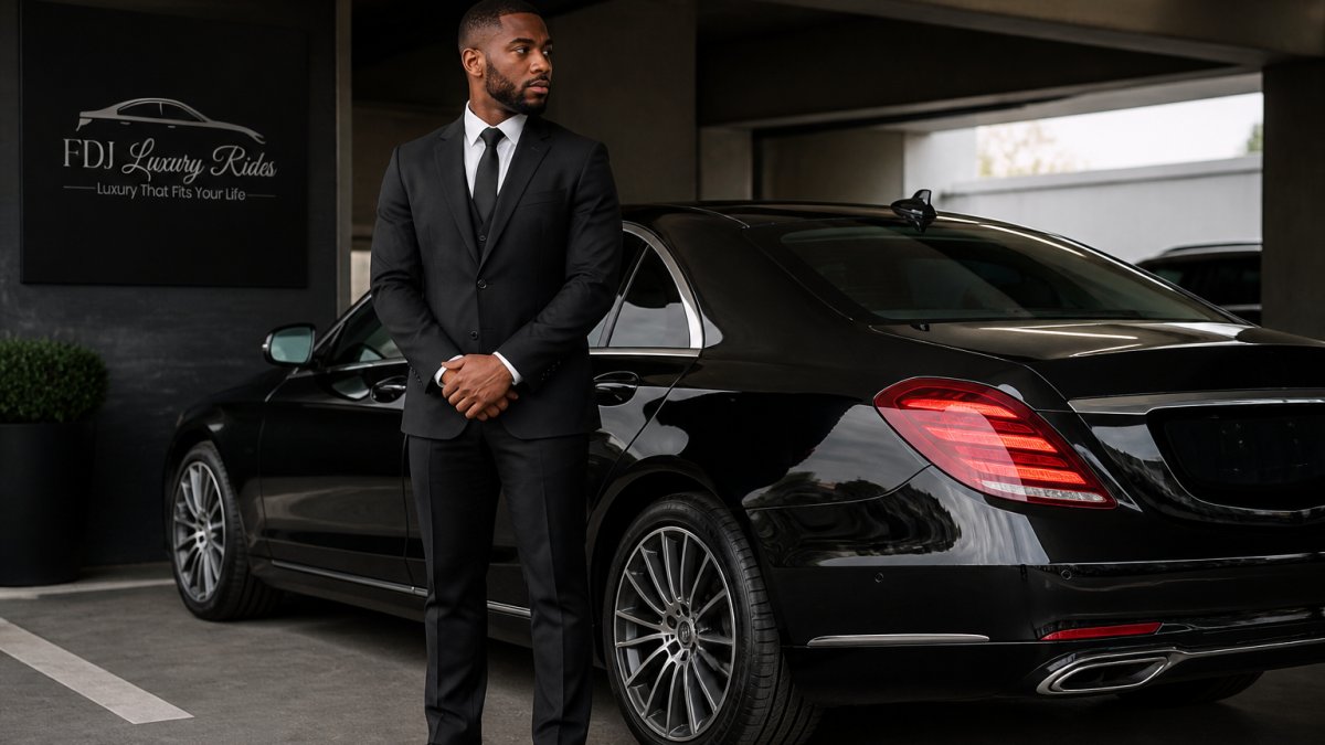 Professional chauffeur in dark business suit standing beside a luxury sedan in a modern parking garage, demonstrating professionalism and vehicle presentation for corporate transportation