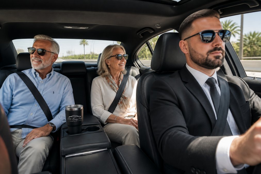 A relaxed senior couple sitting in the back seat of a luxury sedan, with a professional chauffeur in the front, driving on a sunny Florida highway with palm trees in the background