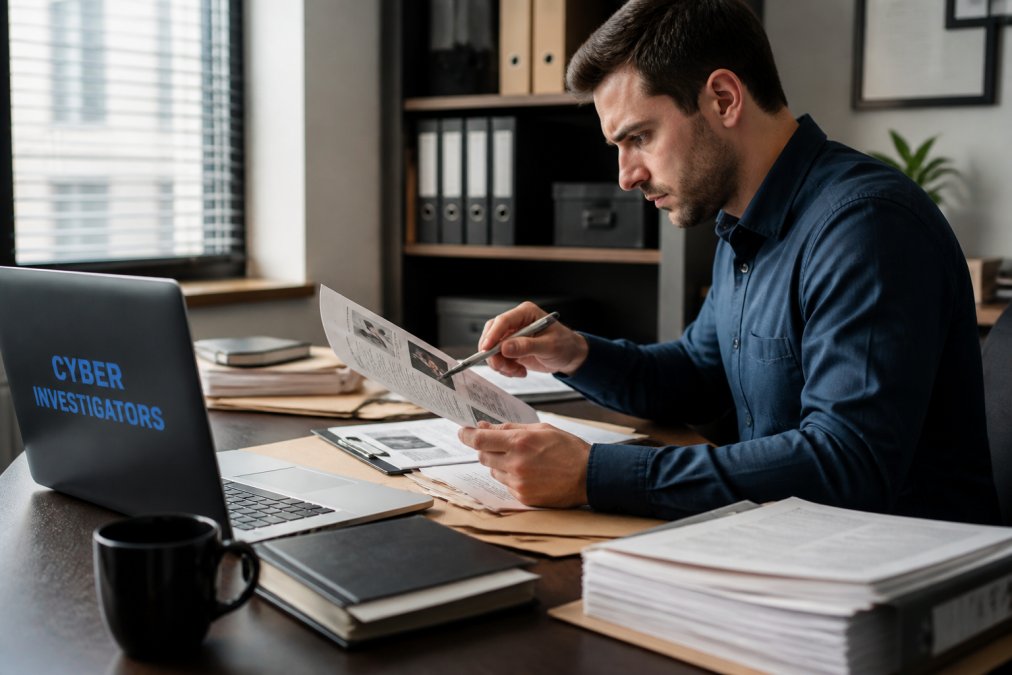Professional investigator reviewing digital evidence on multiple computer monitors in a modern office, with case files and documentation visible on the desk, natural office lighting