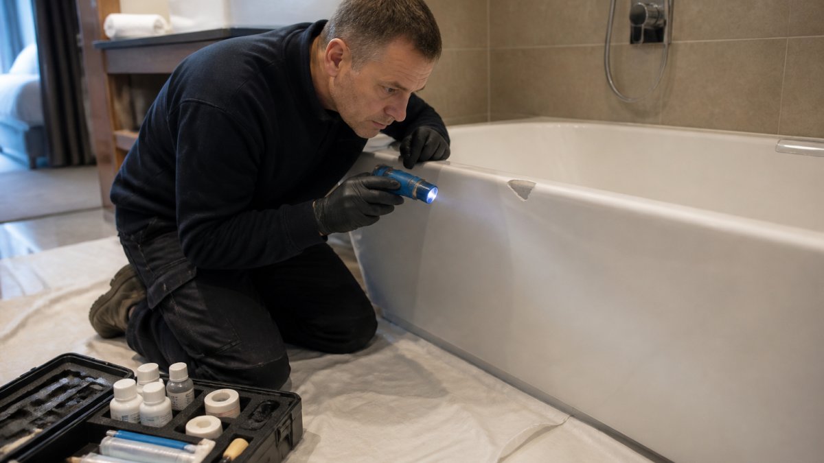 A technician in clean workwear kneeling beside a hotel bathtub, examining a chipped area with a small torch, with a tool case open on a protective sheet on the bathroom floor