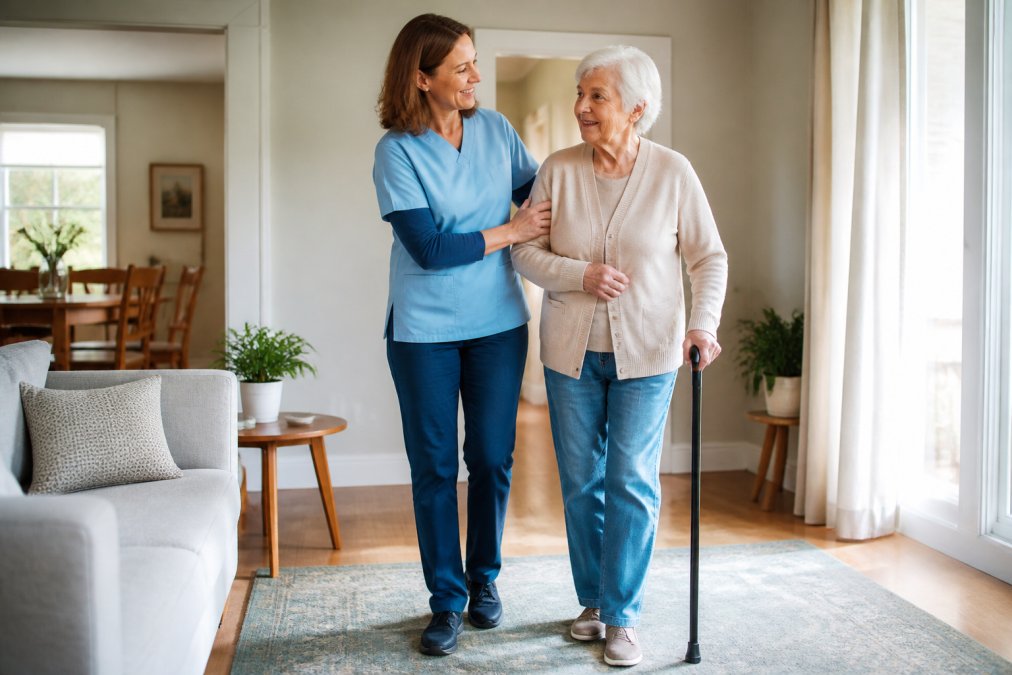 A smiling female caregiver in her 40s gently assisting an elderly woman to walk across a bright, cozy living room with natural window light