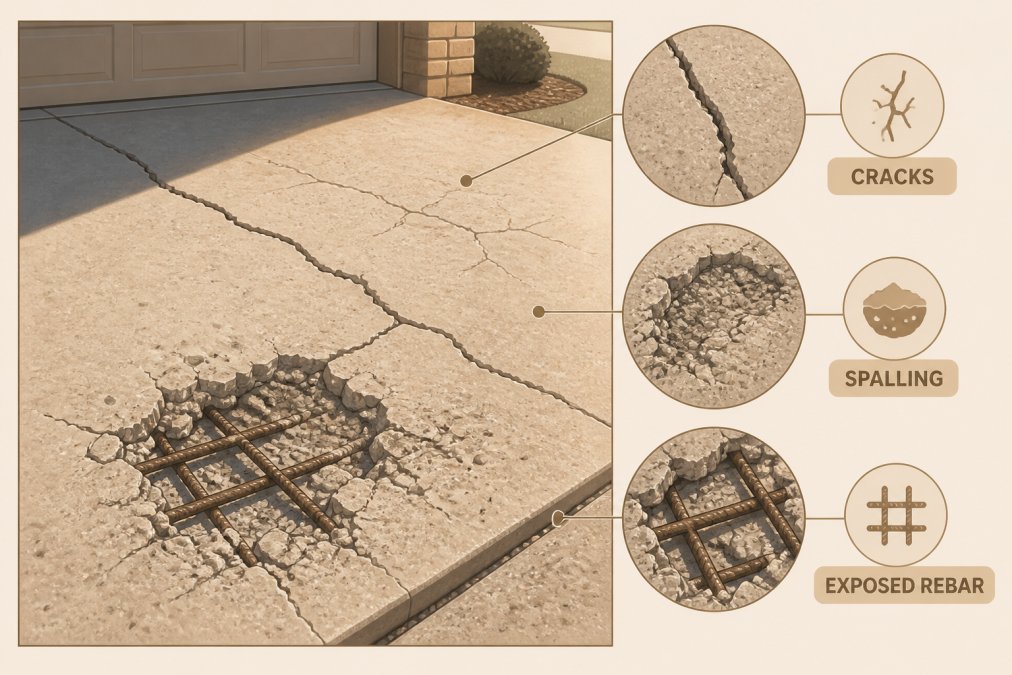 Close-up of concrete surface showing visible cracks, spalling damage, and exposed rebar on a residential driveway with harsh afternoon sunlight revealing the deterioration