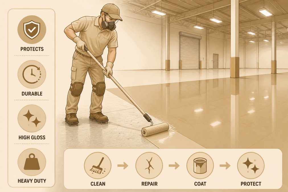 Professional contractor applying epoxy coating to concrete floor in commercial warehouse space, wearing protective equipment, with bright overhead lighting showing the wet coating being rolled onto the surface