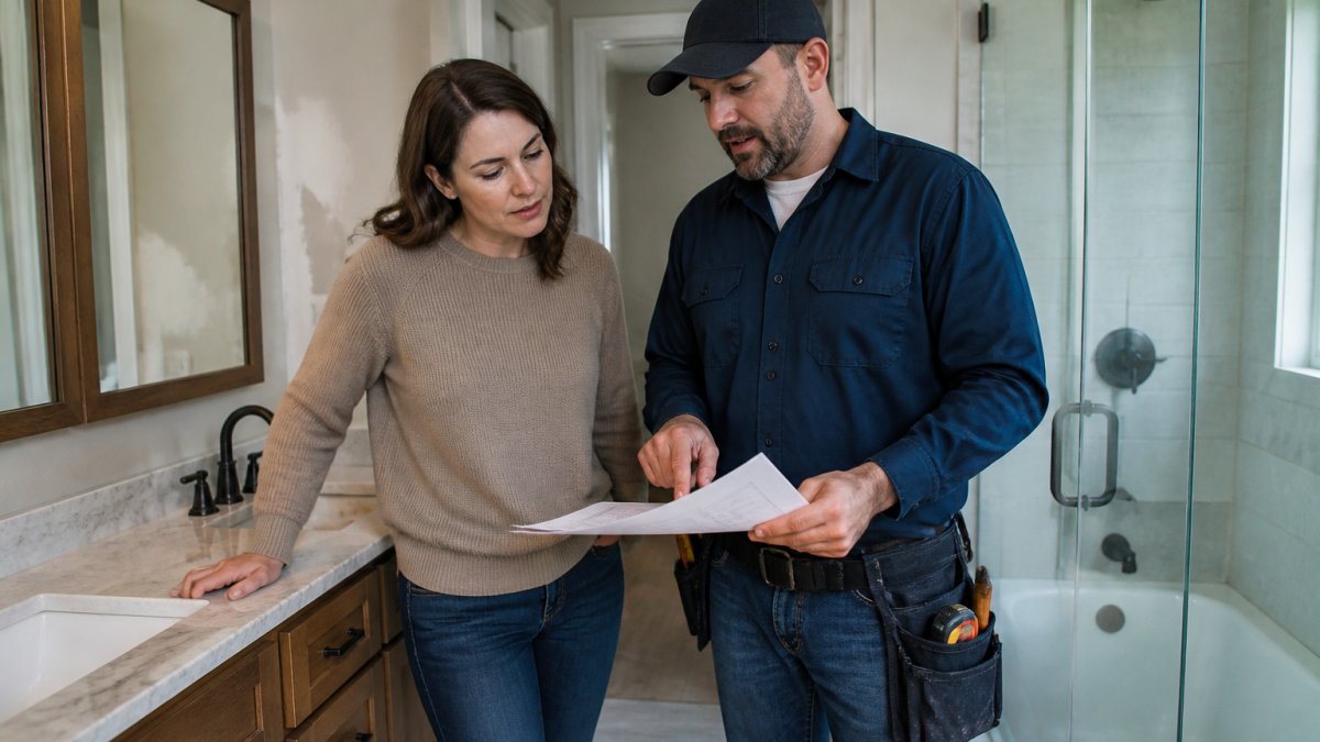 Contractor discussing bathroom renovation plans with a homeowner while hiring professional contractors.