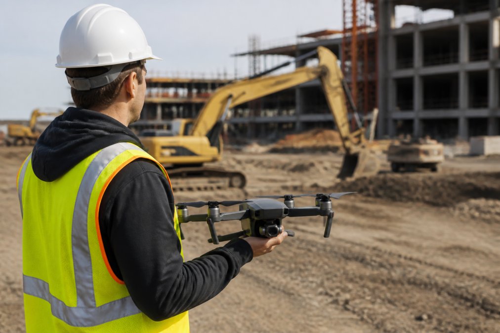 Experienced drone pilot in safety vest standing on an active construction site, holding a professional UAV with a construction project and heavy machinery visible in the background