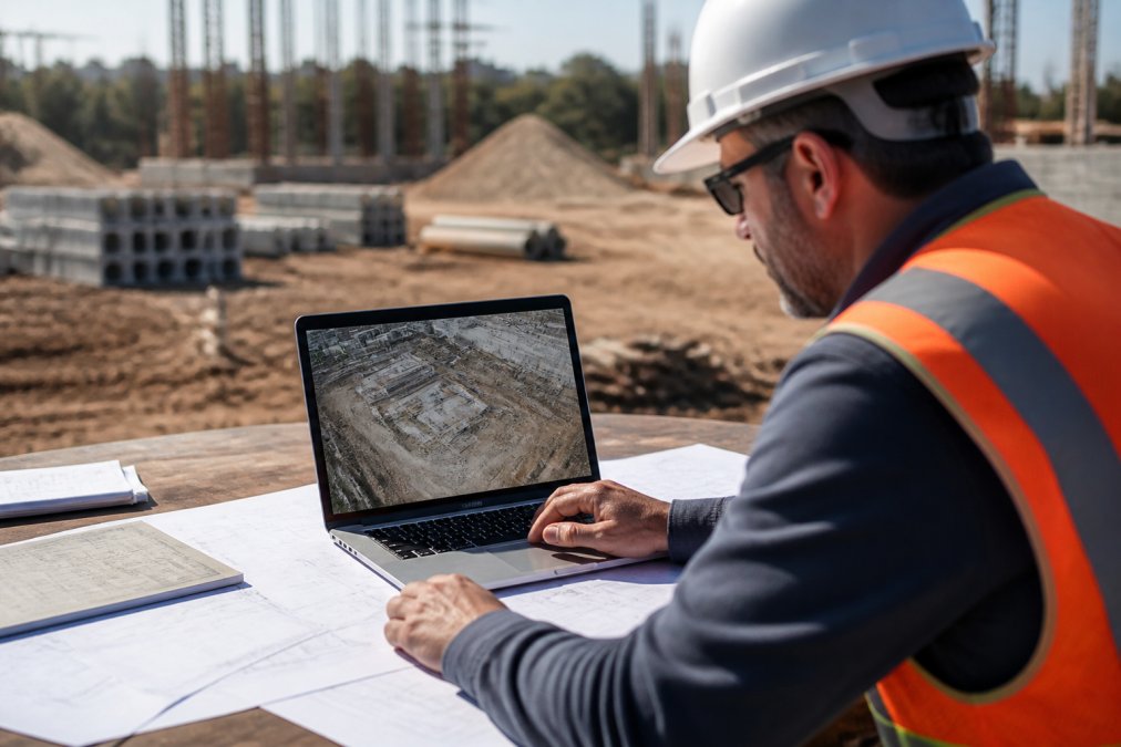 Construction project manager reviewing detailed drone footage and orthomosaic data on a laptop at a job site, with architectural blueprints and site plans visible on the desk