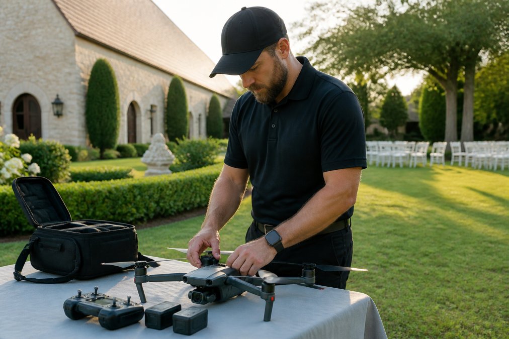 A certified drone pilot performing a pre-flight check on a professional DJI drone at an outdoor wedding venue, with manicured gardens and a stone chapel visible in the background, morning light illuminating the scene
