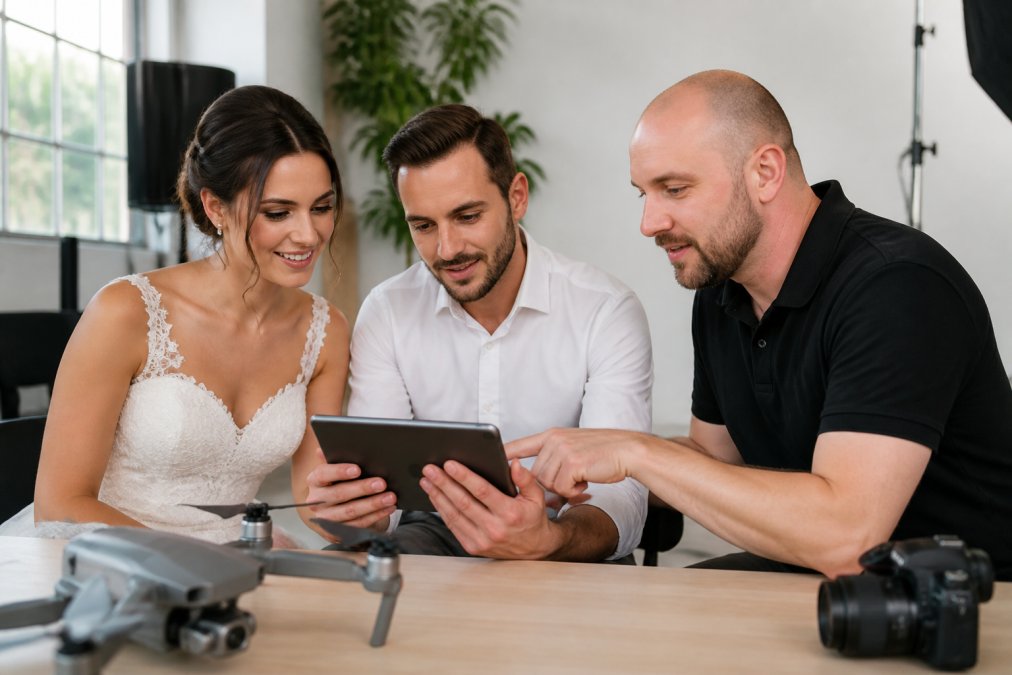 A couple reviewing drone footage on a tablet with their videographer in a bright studio, all three studying the aerial shots from their wedding day with engaged expressions