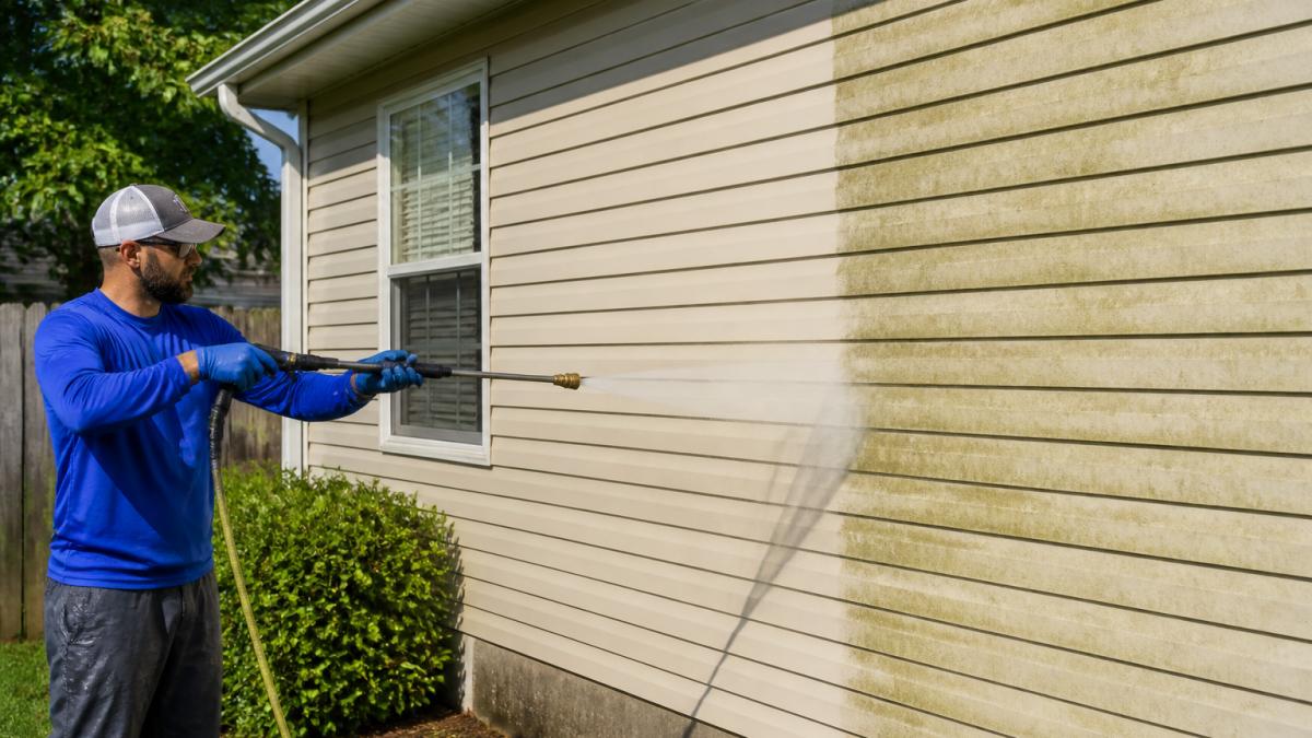 A professional cleaning technician in safety gear using a low-pressure soft wash sprayer on a residential home's vinyl siding, water spray visible, one clean section contrasting with a still-dirty section, bright afternoon light