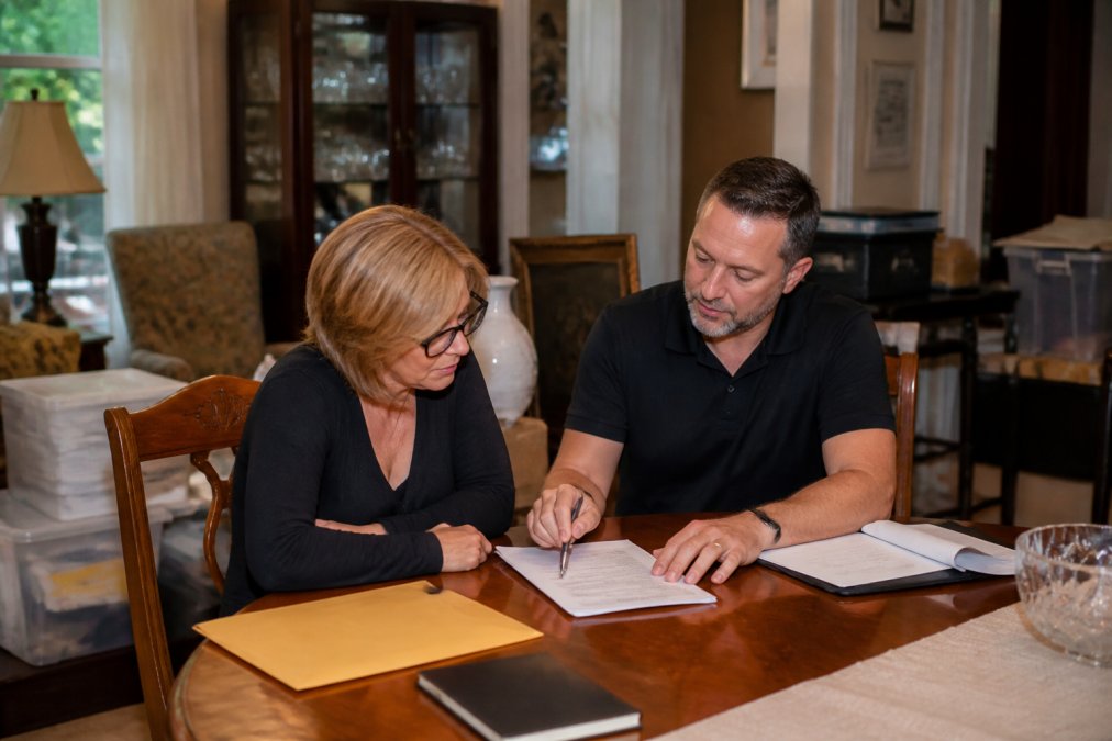 A middle-aged adult meeting with a professional estate liquidator at a dining table in a home filled with furniture and household items, reviewing documents and discussing details and signing paperwork