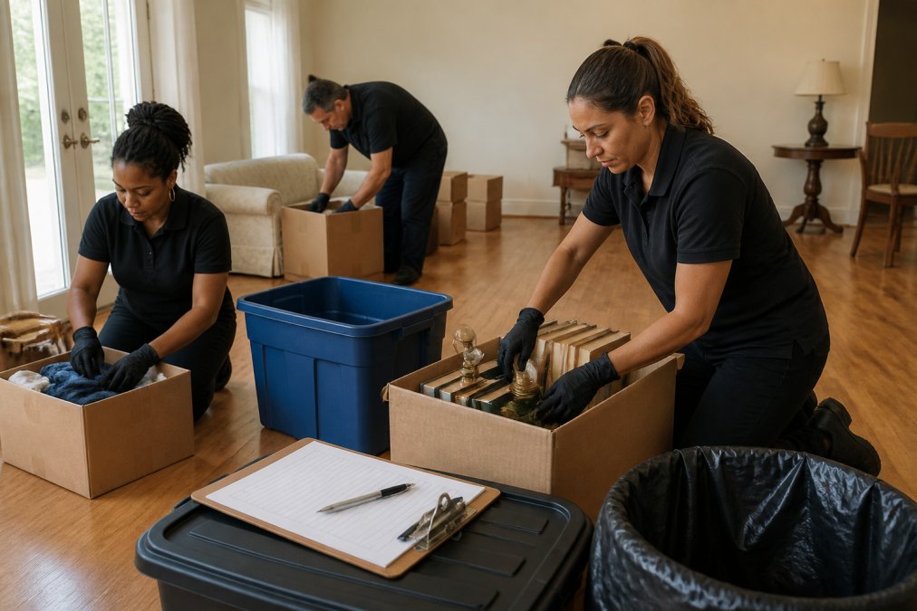 A team of workers organizing items into donation boxes and trash bins in an empty living room, with labeled containers and a clipboard visible, preparing for post-sale logistics