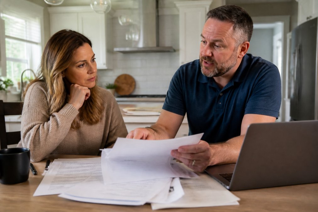 A public adjuster and a homeowner reviewing a property damage claim file at a kitchen table, with a laptop and documents spread out between them