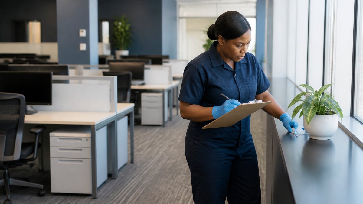 Professional janitorial team member in uniform conducting quality inspection of commercial office space, checking surfaces with clipboard and taking detailed notes on cleanliness standards