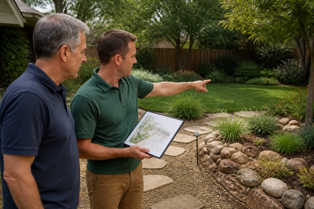 Landscape designer discussing a plan on a tablet to provide professional landscape design services in a backyard.