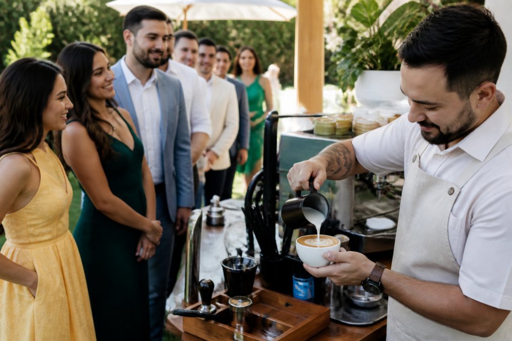 Professional barista preparing specialty espresso drinks with latte art at a mobile coffee cart during an outdoor corporate event, guests waiting in line with natural afternoon lighting