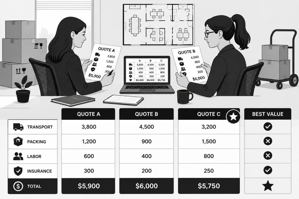Office managers comparing printed quotes and floor plans during an office relocation process