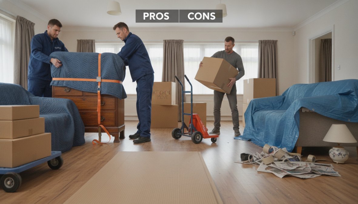 Professional illustration showing Professional for hiring professional movers vs DIY