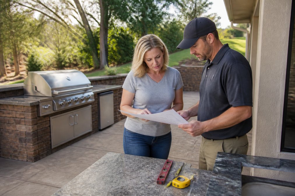 Homeowner standing in their backyard reviewing plans and measurements with a contractor, both looking at a blueprint or tablet with the outdoor space visible in the background