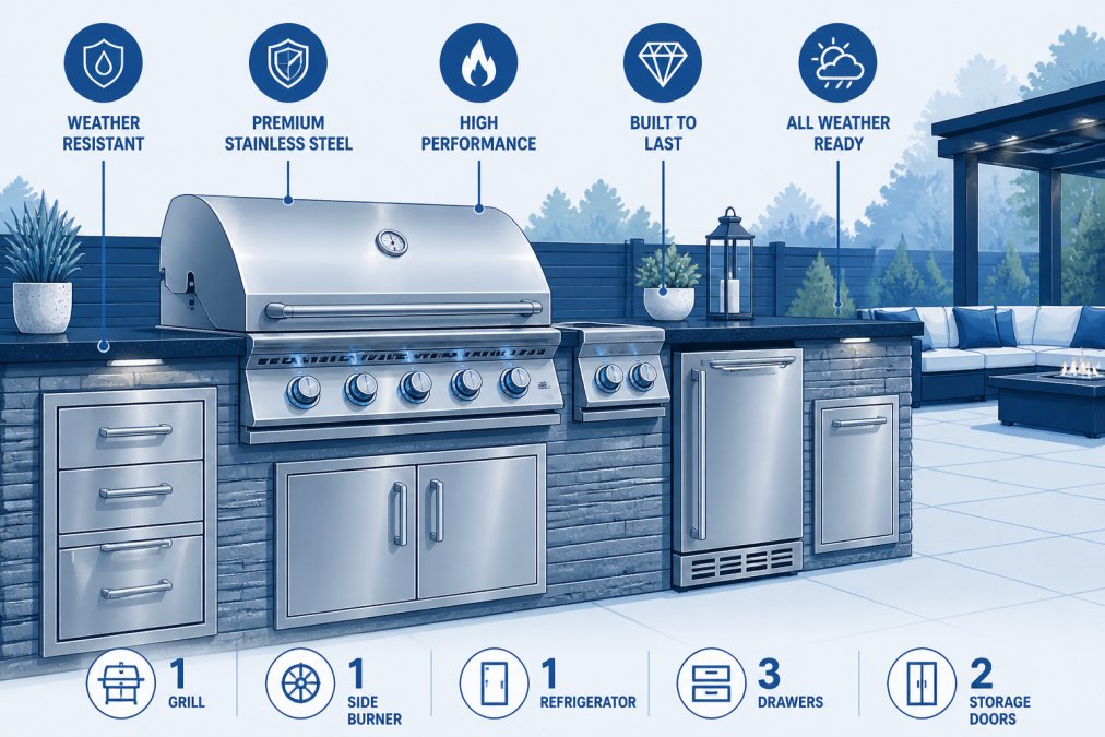 Close-up of a professional stainless steel grill and outdoor kitchen appliances installed in a finished backyard space, showing quality construction and weatherproof materials