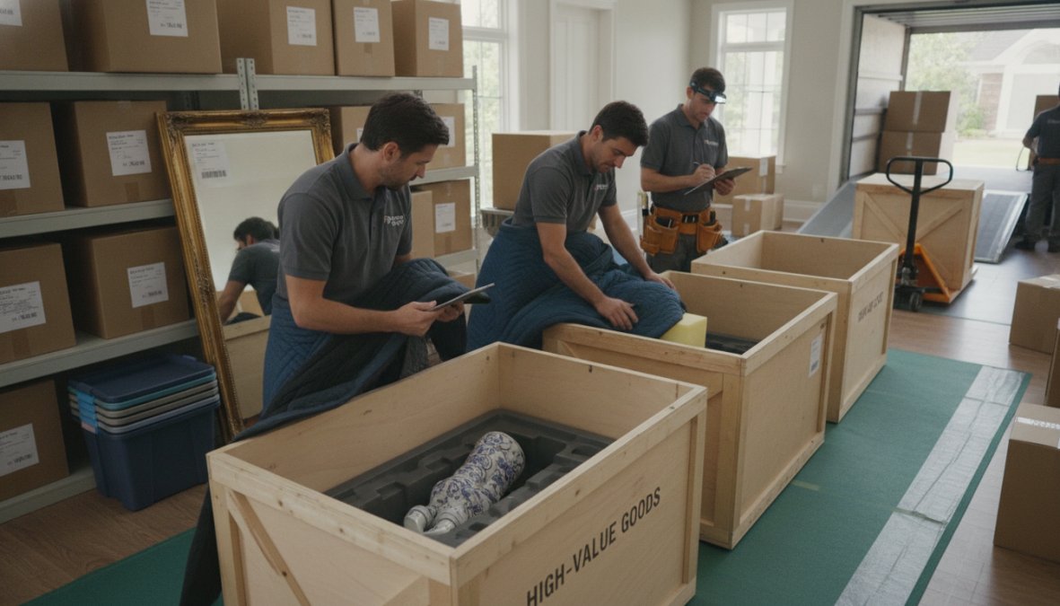 Professional moving crew carefully wrapping and labeling fragile items with bubble wrap and color-coded stickers in a residential living room