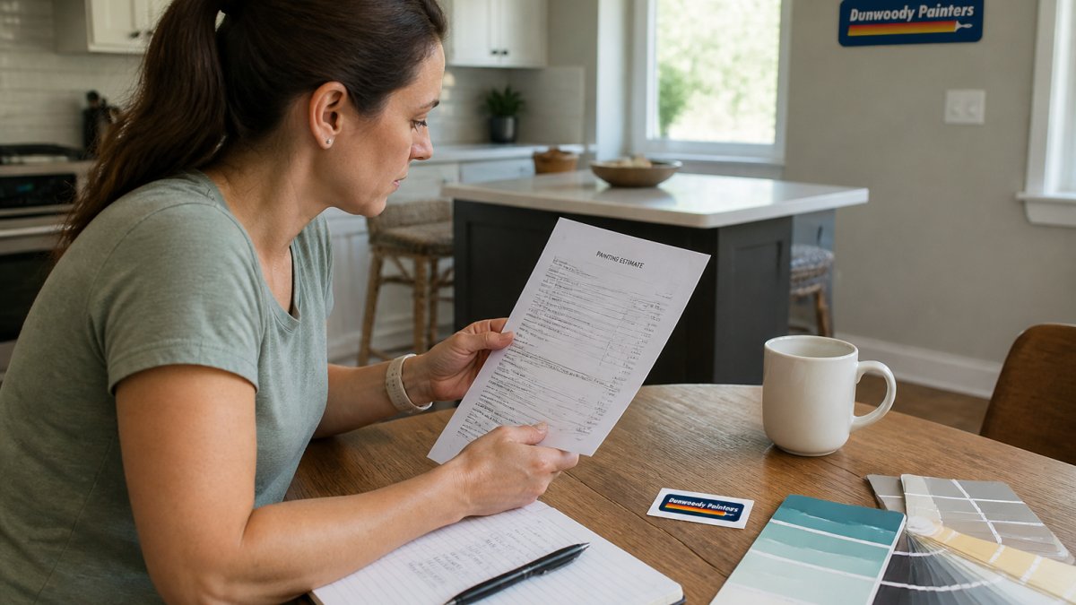 Homeowner reviewing a detailed painting estimate document at a kitchen table with contractor's business card, notes, and paint color samples nearby