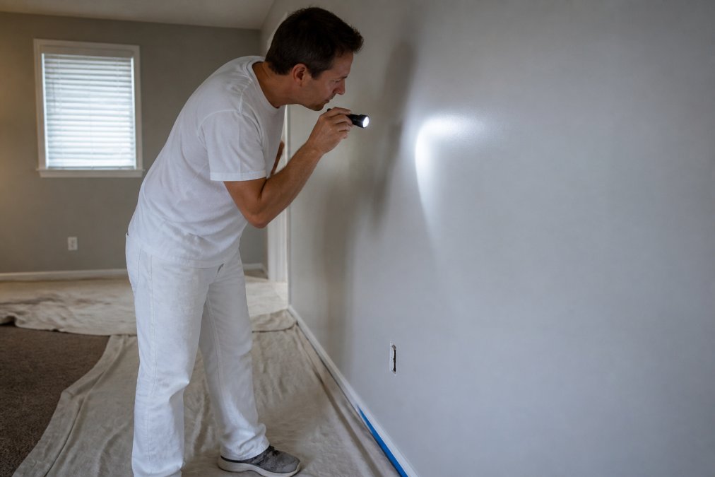 A homeowner in work clothes examining a freshly painted interior wall closely, holding a small flashlight to check for drips and uneven coverage, with drop cloths still on the floor