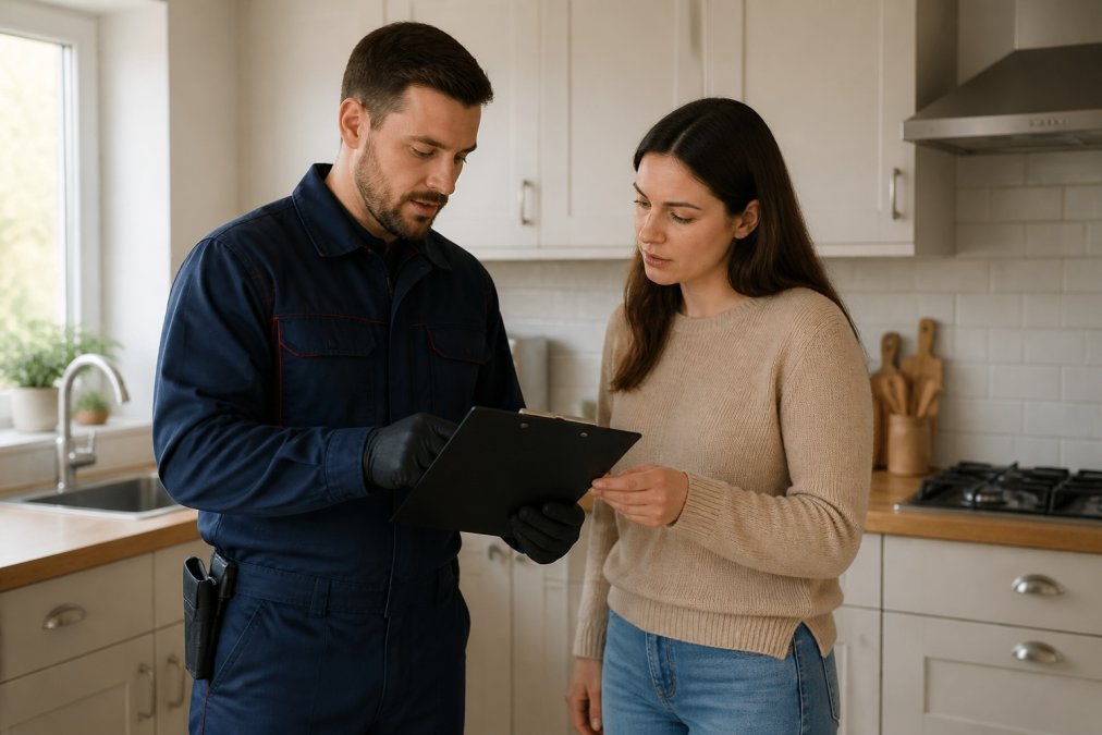 Professional pest control technician in uniform discussing treatment options with homeowner in residential kitchen, both reviewing paperwork and treatment plan on clipboard