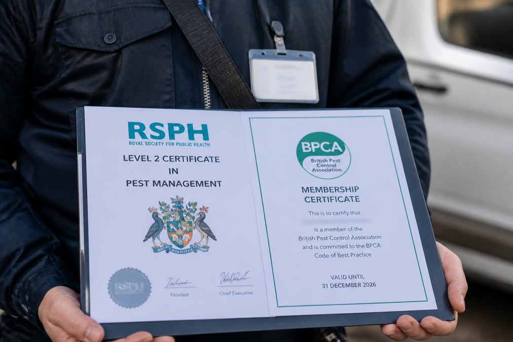 Close-up of pest control technician credentials, RSPH Level 2 certificate and BPCA membership documentation displayed on clipboard with professional uniform visible