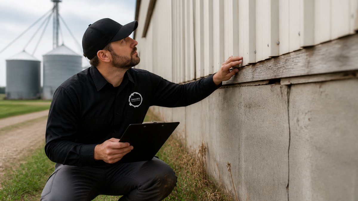 Professional pest control technician in uniform examining barn exterior with clipboard, inspecting for pest entry points and structural vulnerabilities