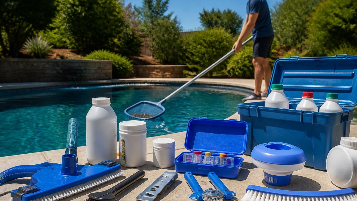 A homeowner in casual clothes using a long-handled pool skimmer to remove leaves from a backyard swimming pool on a sunny day, with a test kit and chemical bottles visible on the pool deck