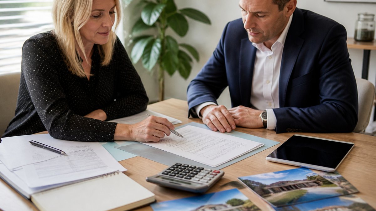 Professional property manager and property owner reviewing lease documents and financial reports at a desk with tablet and property photos visible
