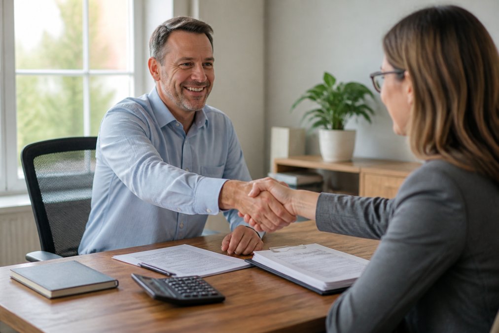 A small business owner shaking hands with a tax consultant across a wooden desk, financial documents and an open laptop visible between them, warm natural light from a window