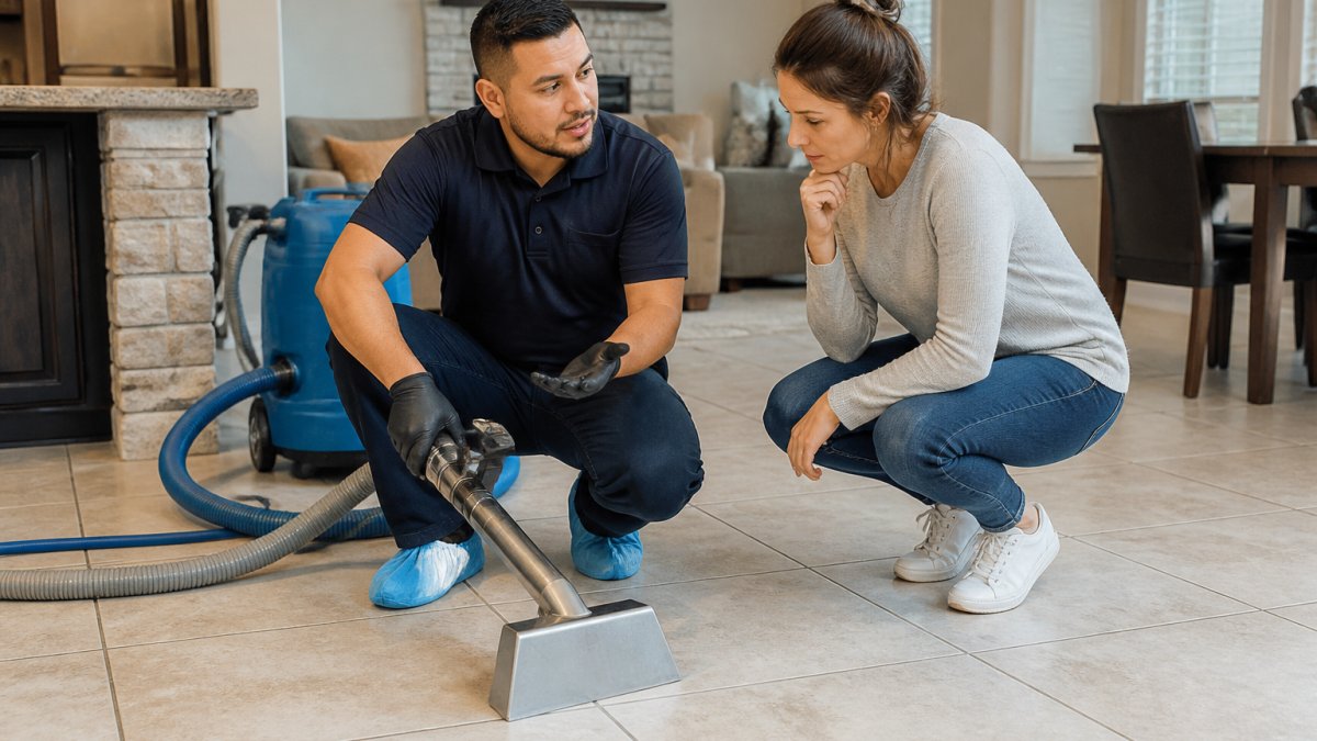 Professional cleaner in uniform demonstrating hot water extraction equipment on tile flooring while a homeowner observes and asks questions about the process