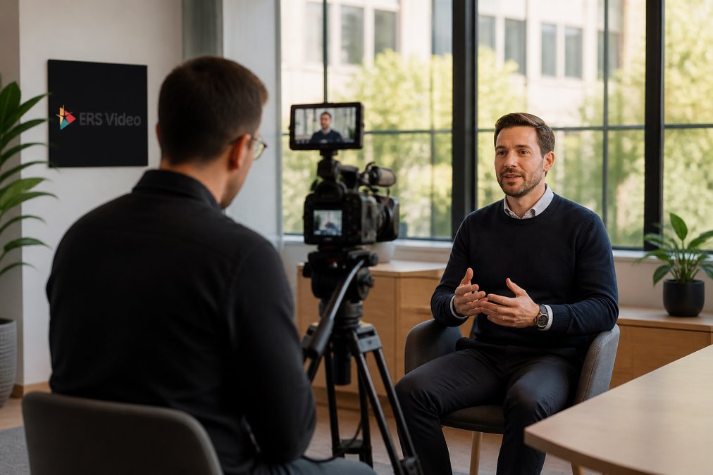 A professional videographer filming a business owner in a bright modern office, camera on tripod with a small monitor, warm natural light through large windows