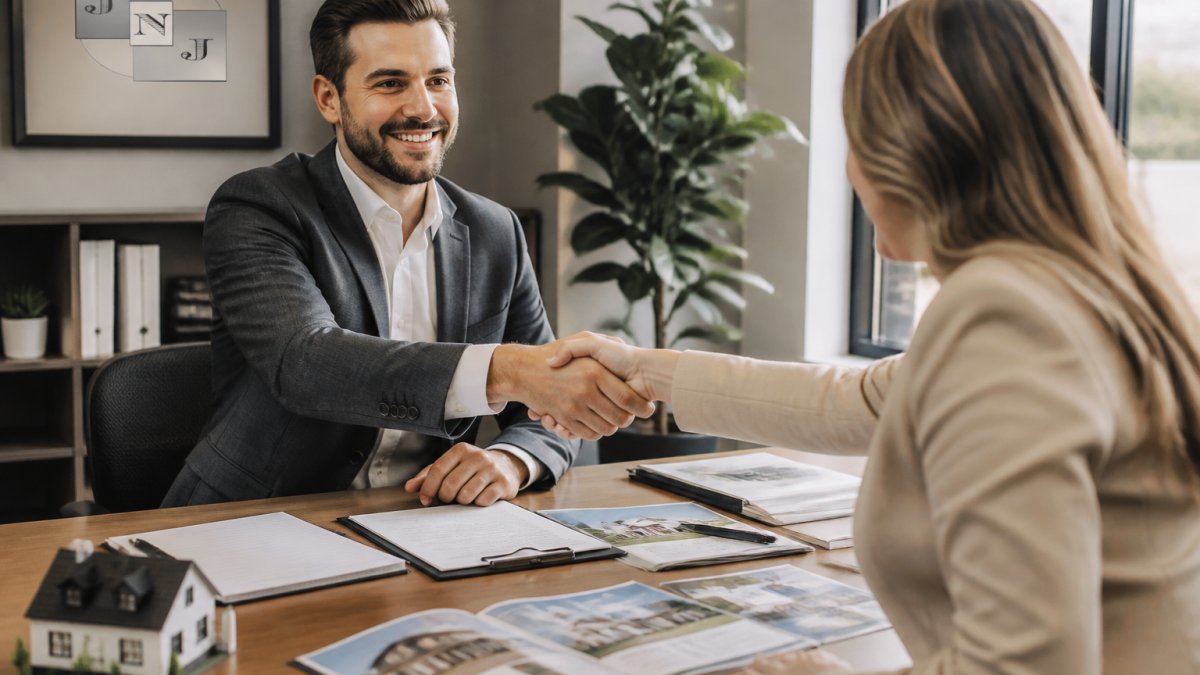 Real estate broker shaking hands with a client while hiring real estate brokers for property market analysis