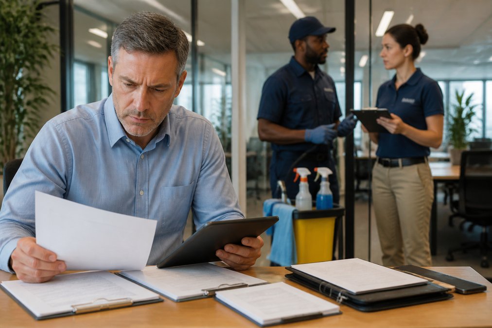 Facility manager reviewing documents and tablet with professional janitorial team member in background discussing cleaning procedures in commercial office space