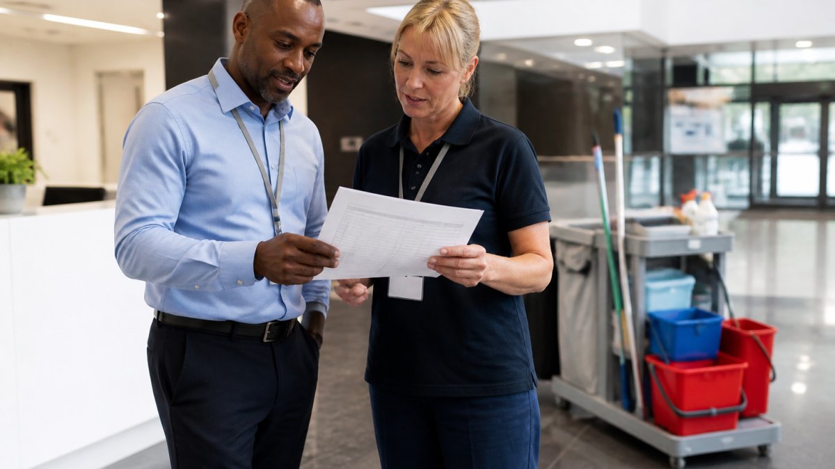 A facilities manager and a cleaning supervisor reviewing a printed cleaning schedule together in a bright modern office reception area, with a cleaning trolley visible in the background