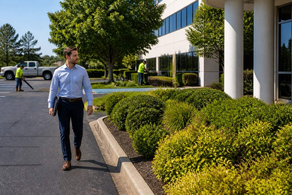 A commercial property manager in professional attire walking through a well-maintained parking lot and landscaped entrance while a groundskeeping crew works in the background under bright daylight
