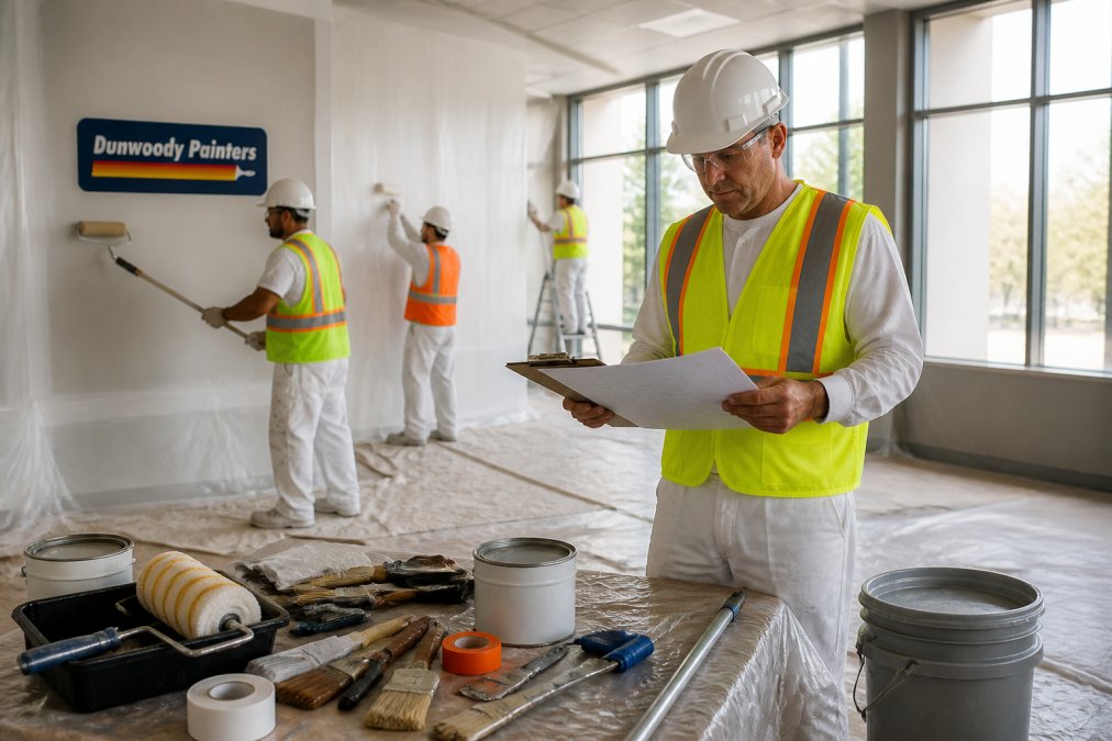 Professional painting crew in safety vests and protective equipment preparing commercial facility surfaces, with supervisor reviewing project specifications on clipboard