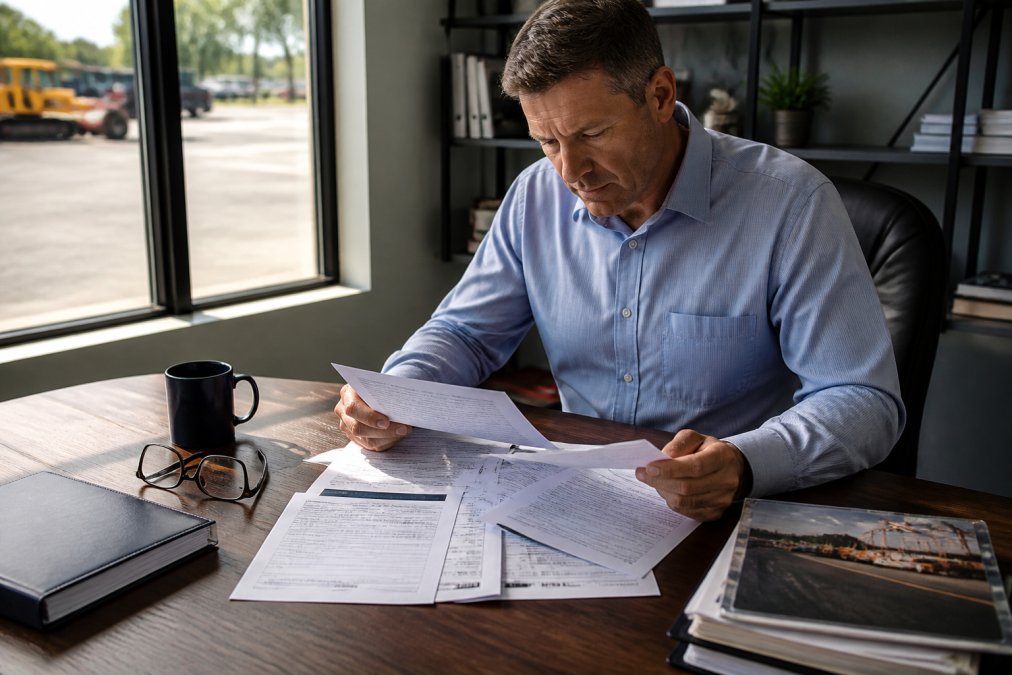 A property manager in a button-down shirt reviewing contractor license and insurance documents spread across a desk, laptop open with a policy PDF, coffee cup and reading glasses nearby, natural window light