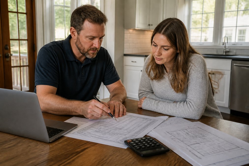A general contractor and a homeowner reviewing a detailed line-item construction estimate at a kitchen table, with a laptop, printed plans, and a calculator between them, warm afternoon light through the window