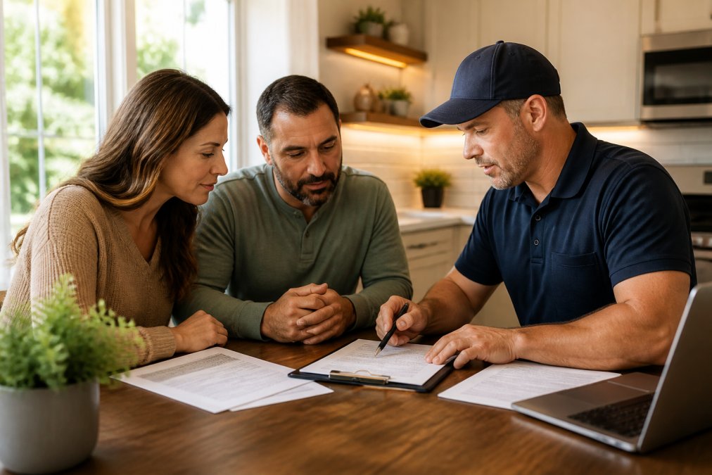 A homeowner and a contractor reviewing documents and a clipboard at a kitchen table, with a laptop showing a license verification website, bright natural light