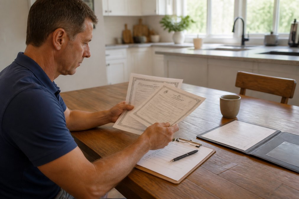 Homeowner reviewing contractor licensing documents and insurance certificates at a kitchen table with a checklist and pen, natural afternoon light