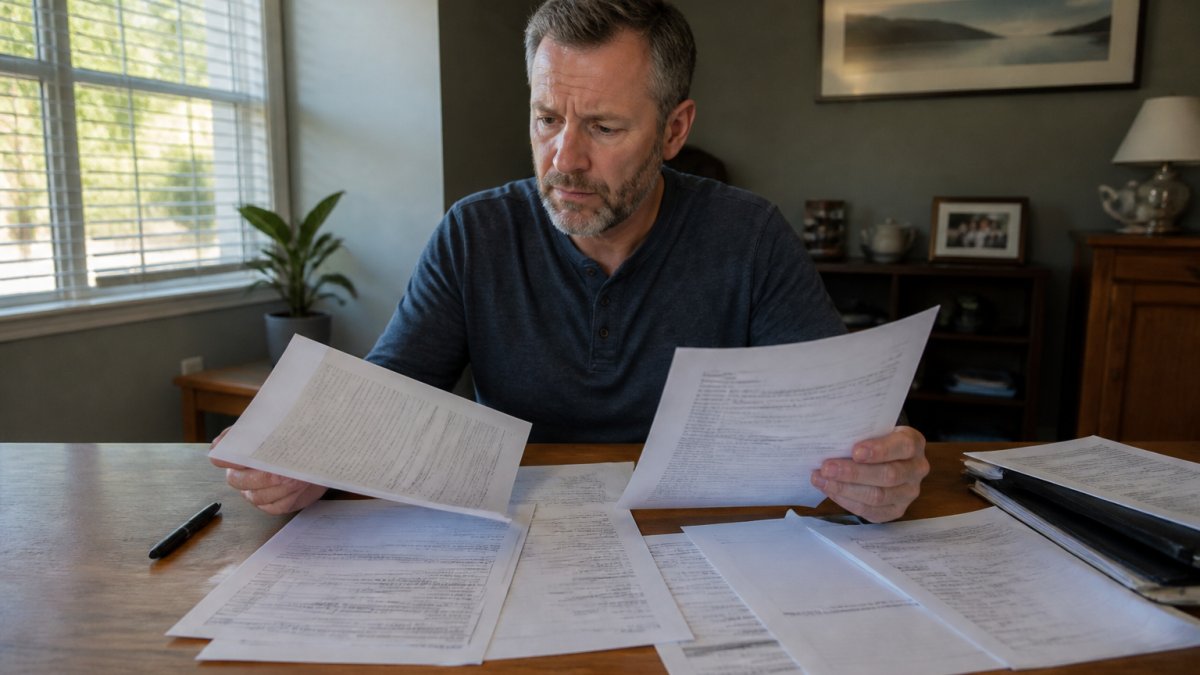 Homeowner reviewing written estimate and contract with skeptical expression, documents spread on table with pen nearby, natural office lighting