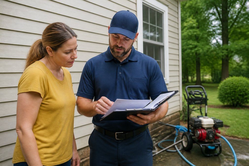 Homeowner reviewing insurance documents with one of the exterior cleaning contractors beside their house